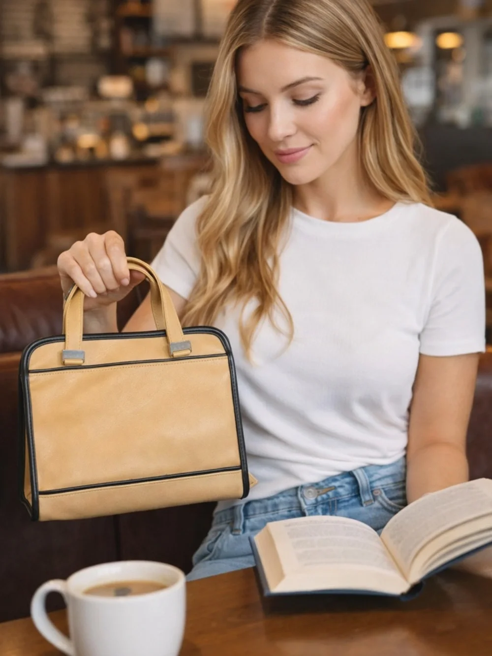 Vegan Leather Bible Book Cover W/ Handles and Pockets Tan Black Trim Free Bible